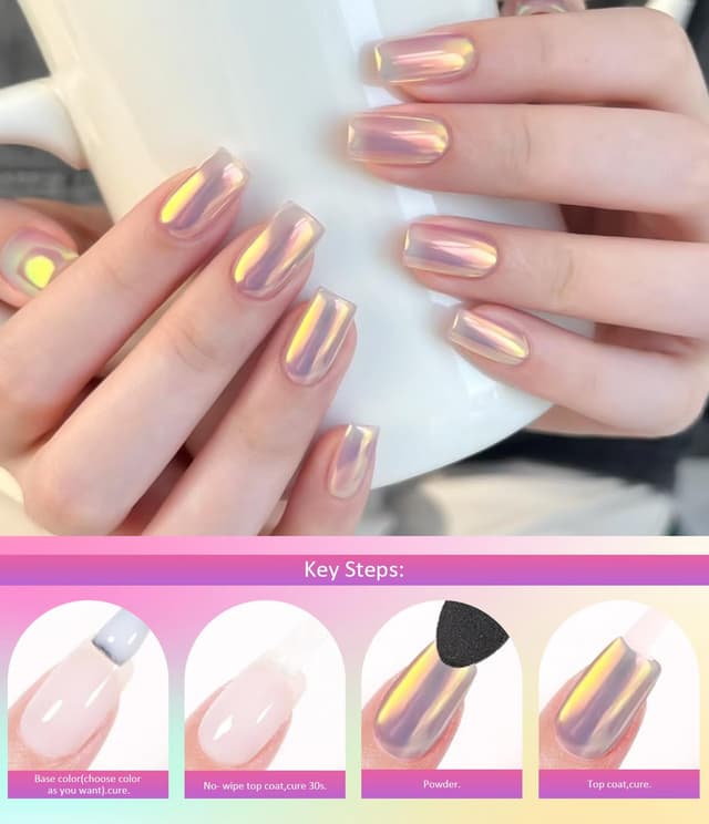 Thumbnail 6 de BISHENGYF Weißes Chrome Nail Powder (Aurora Pearl/Glazed Donut/Holo Spiegel) – 4er-Set für Gel- & DIY-Nägel