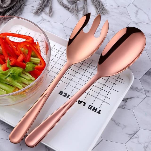 Detalle de BISDARUN salad spoon and fork set (stainless steel), rose gold serving spoons for large servings