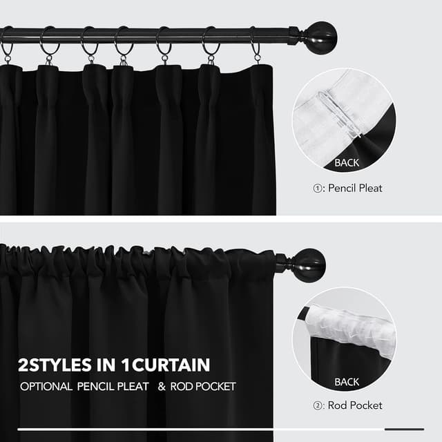 Detalle de Deconovo Super Soft Pencil Pleat Thermal Blackout Curtains (66 x 72) – Black, Two Panels