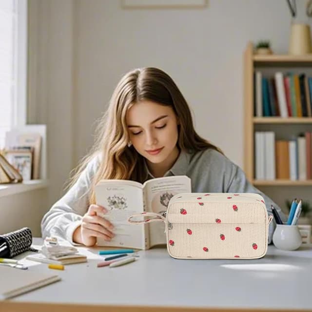 Detalle de LOIDOU Federmäppchen für Mädchen (groß) mit Erdbeer-Muster – Schreibwarenbeutel für Schule, Studium & Büro