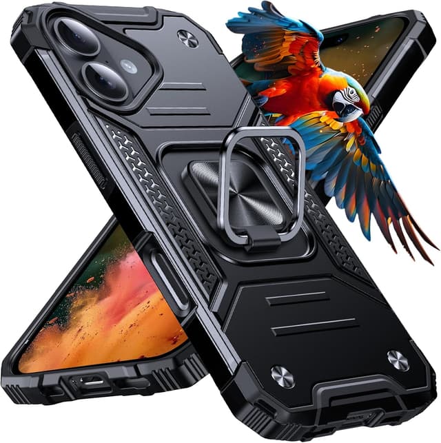 Detalle de Anqrp Armor Handyhülle für iPhone 16 mit Ring-Ständer & Stoßschutz (Schwarz)