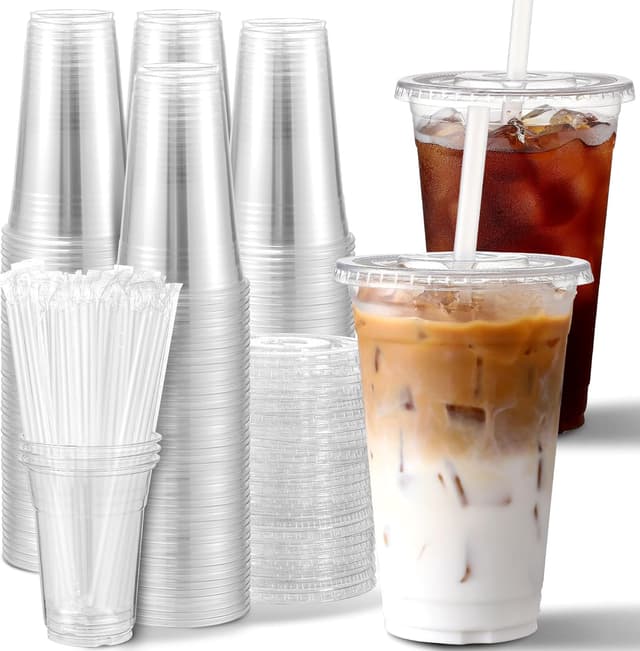 Detalle de AOZITA 16 oz Clear Plastic Cups (100 Sets) with Lids and Straws