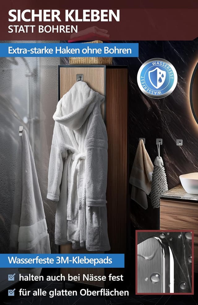 Detalle de 4smile Handtuchhalter ohne Bohren (6 Stück) aus Edelstahl – selbstklebende Klebehaken in Silber