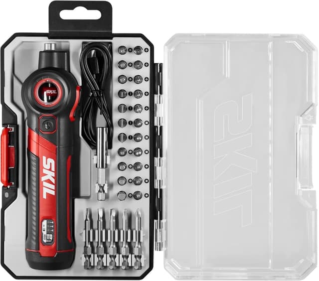 Detalle de SKIL Twist 2.0 SD5619-02 Rechargeable Screwdriver Kit with Pivoting Head, 3 Torque Settings, LED, and 28-Piece Bit Set