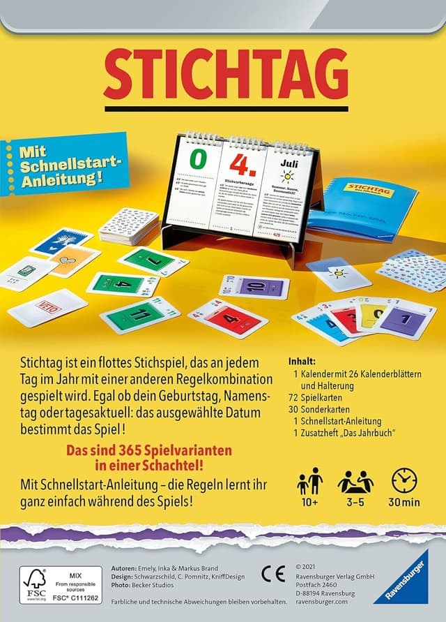 Detalle 2 de Stichtag 27047 „Dein Tag, dein Spiel“ – Ravensburger Stichspiel mit 365 Varianten für 3–5 Spieler ab 10 Jahren