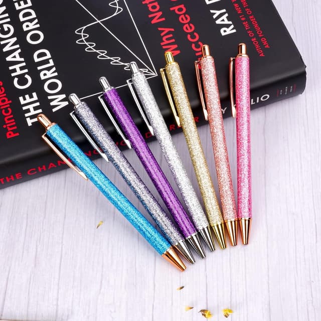 Detalle 2 de Set AUAUY da 7 penne a sfera retrattili con glitter e inchiostro nero
