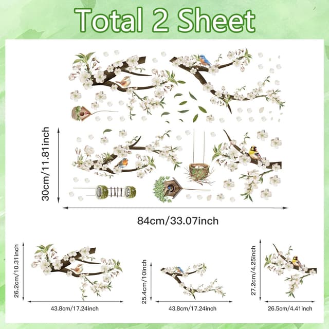 Detalle de HPNIUB Flower Tree Branch Birds Wall Stickers (White floral wall art) 84 x 30cm