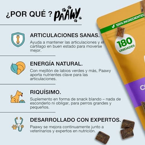Detalle de Paawy Condroprotector para Perros con 180 snacks (glucosamina, condroitina, MSM y colágeno) para movilidad y artrosis