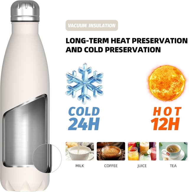 Detalle de WATERSY double-walled stainless steel insulated water bottle (500ml) – 24 hrs cold, 12 hrs hot, BPA-free (ivory beige)