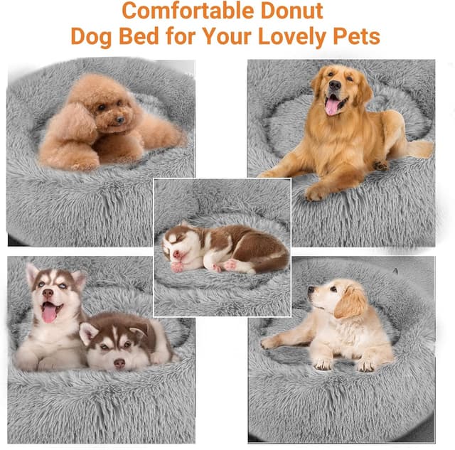 Detalle de OKPOW Donut Dog Bed Medium (60cm) with Removable Washable Cover, Anti-Anxiety Calming Plush Pet Bed