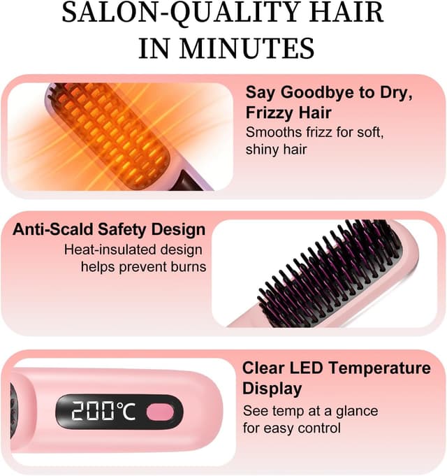 Detalle 2 de Go Brush Pro 2026 Portable Straightener Brush with LCD Temperature Display (Pink)