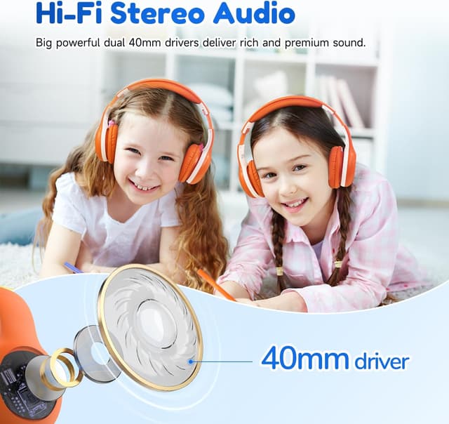 Detalle de EarFun Bluetooth-Kopfhörer für Kinder (85/94 dB) mit HD-Mikrofon, 40 Std. Akku und faltbarem Design – Orange