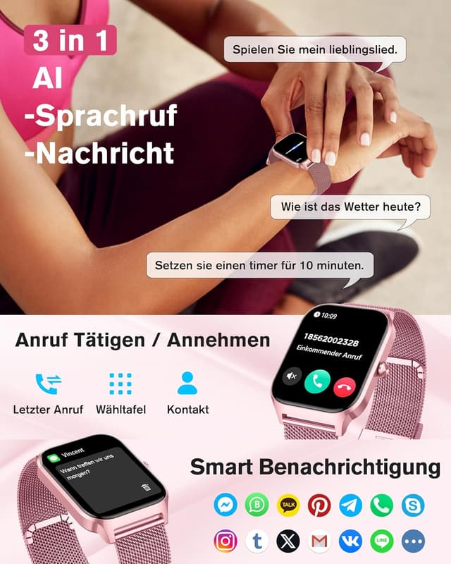 Detalle de KALINCO Smartwatch Herren Damen mit Blutdruckmessung, Bluetooth-Telefonie & Fitness-Tracker (SpO2, Stress, 100+ Sportmodi)