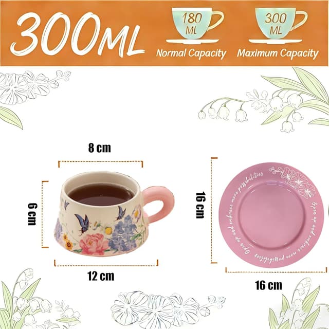 Detalle de ENSFTF Lily of the Valley coffee cup and saucer set (300ml) with stirrer – pink oil painting butterfly gift set