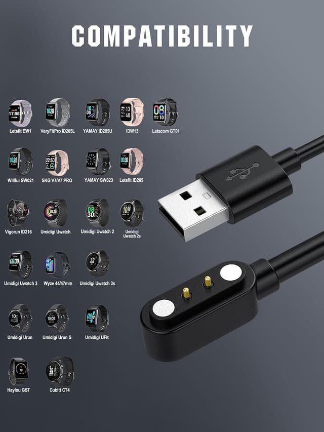 Detalle 2 de TiMOVO Magnetic USB Charger Cable for compatible YAMAY ID205/ID216 smartwatches (3.3ft, black)