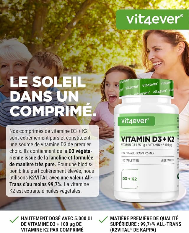 Detalle 2 de vit4ever Vitamine D3 + K2 Dépôt (180 comprimés) – 5000 UI D3 et 100 µg K2 MK7