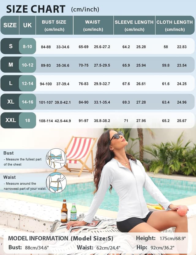 Detalle de Haut de maillot de bain femme Tuopuda à manches longues anti-UV UPF 50+ (rashguard) à fermeture éclair