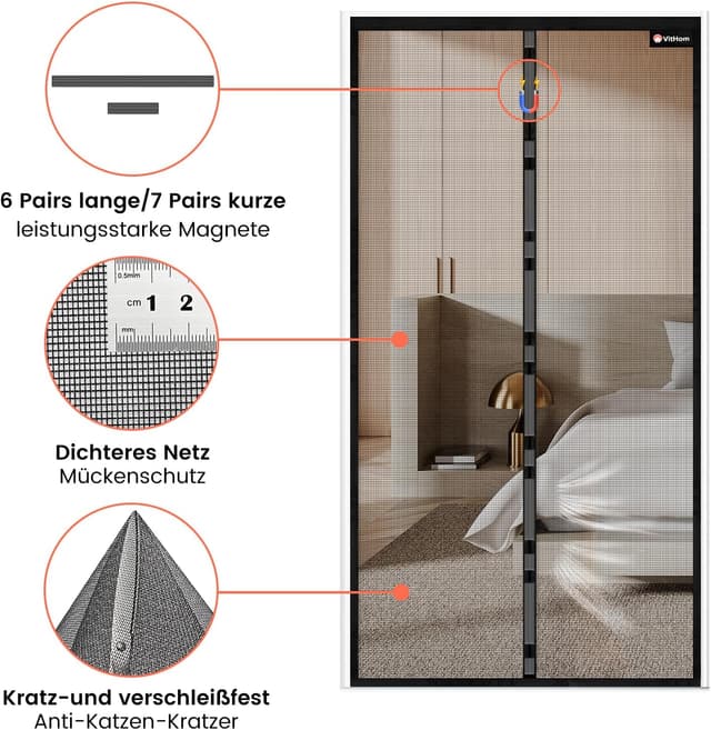 Detalle 2 de LUXUS Fliegengitter Tür Magnet aus Glasfaser (110×210 cm) – ohne Bohren, mit verstärkten Magneten und Klettverschluss