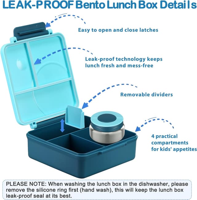 Detalle de Kids Bento Lunch Box Set with 8oz Soup Thermo, Leak-Proof 4-Compartment Containers & Insulated Lunch Bag (Blue)