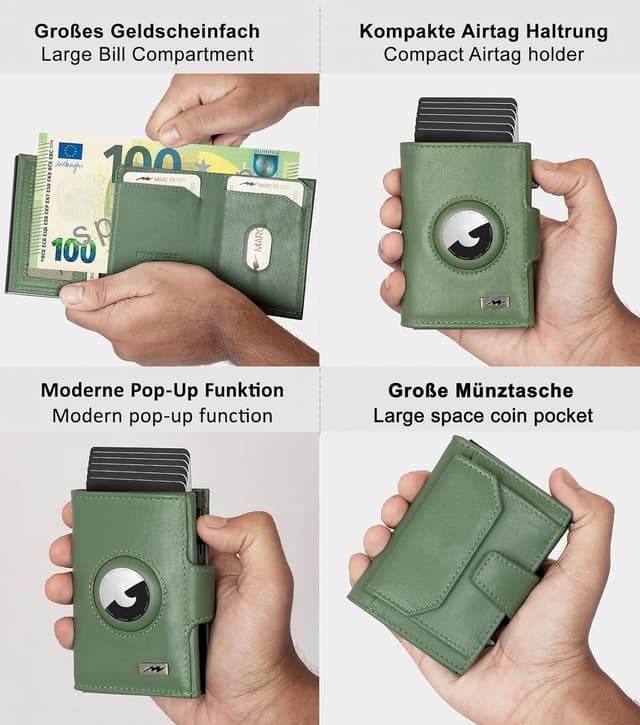 Detalle de Marc Peter Chicago Leder Push Air Slim Wallet – Airtag-Geldbörse mit Münzfach und RFID-Schutz