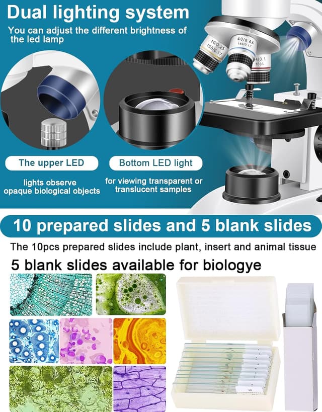 Detalle de Woehrsh WF10x & WF25x Microscope with USB Camera (40X–2000X) for Adults, Lab/School/Home Education (White)