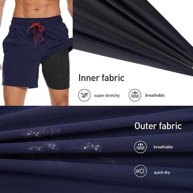 Detalle 2 de Arcweg Herren-Badehose mit Kompressions-Liner (2-in-1) – atmungsaktive Badeshorts mit Tunnelzug und Reißverschlusstaschen