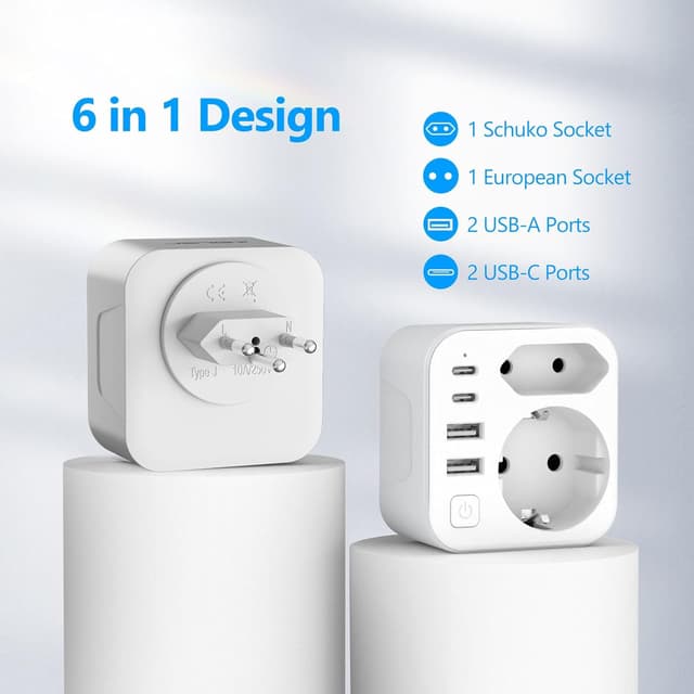 Detalle de JSVER adattatore da viaggio 6 in 1 per Svizzera: 1 presa Schuko + USB-A e USB-C (bianco)