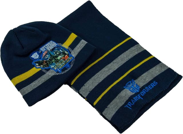 Detalle de Lot de 2 bonnets d’hiver et écharpes Transformers Autobot Optimus Prime (taille 52/54) bleu ou noir pour garçon