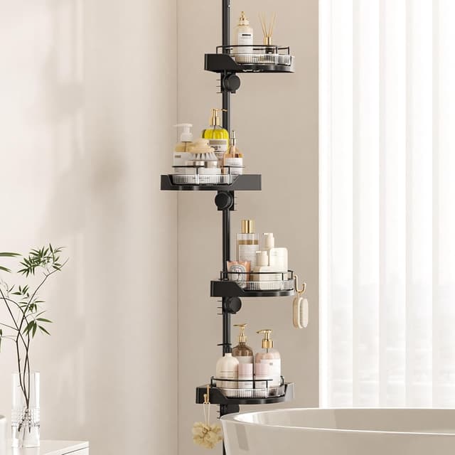 Thumbnail 6 de shuang qing 360° Rotating Corner Shower Caddy Tension Pole Organizer (4-Tier Adjustable, Black)