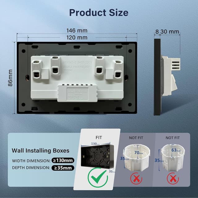 Detalle de BSEED Double 13A switched socket with 2× USB-A and USB-C (18W) and glass panel – Black, UK standard