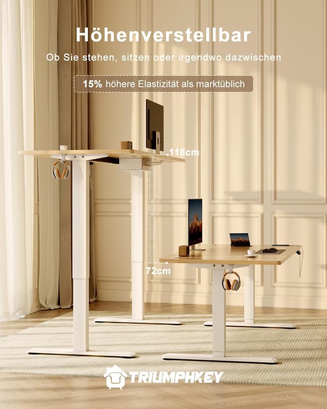 Detalle 2 de TRIUMPHKEY höhenverstellbarer Schreibtisch 160x80 mit USB-Ladeanschluss, 3 Memory-Steuerung und Kabelkasten (beige)