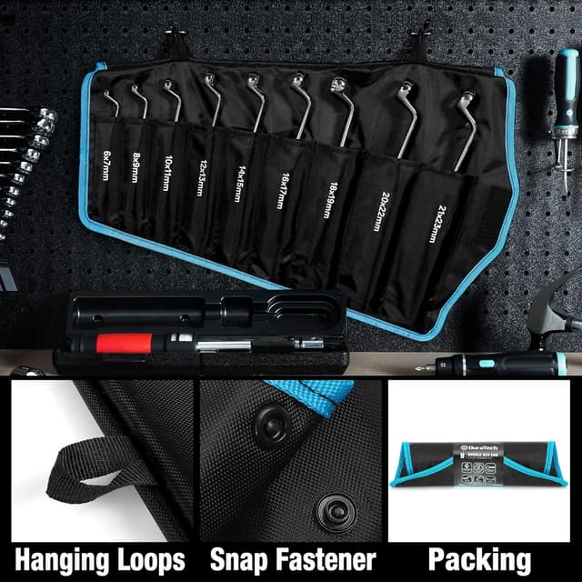 Detalle 2 de DURATECH set di chiavi a doppio anello sfalsate 9 pezzi metriche 6–23 mm (75°) in acciaio cromo-vanadio con custodia per rotolo