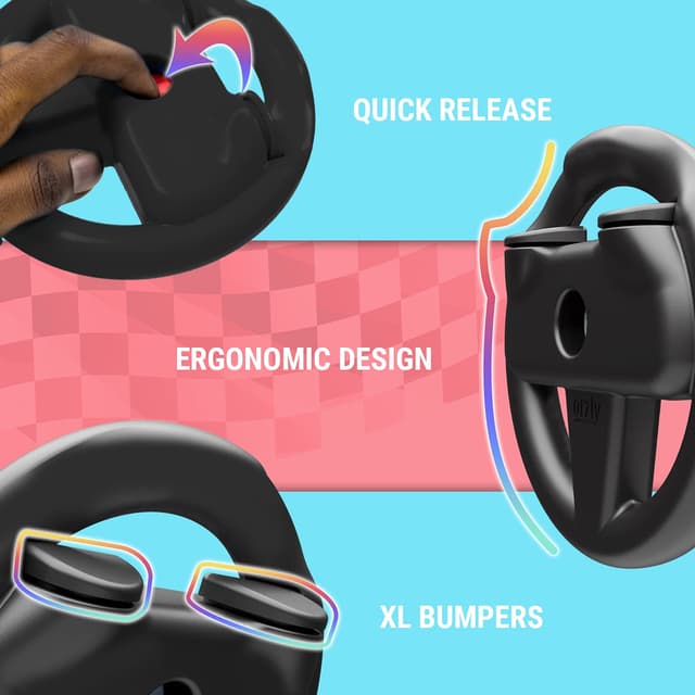 Detalle 2 de Orzly Twin Pack Steering Wheels for Nintendo Switch & OLED Joy-Cons (Black) for Mario Kart 8 Deluxe