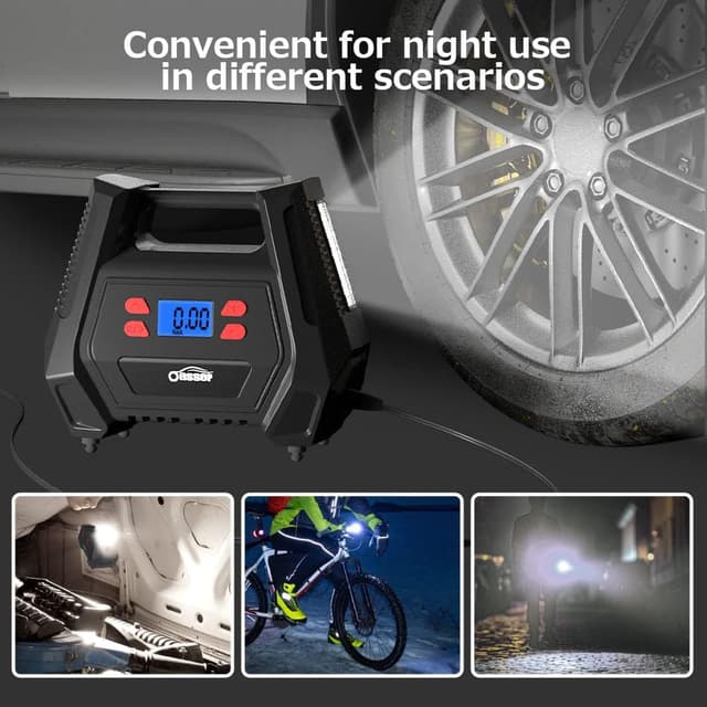 Detalle de Oasser Tyre Inflator Air Compressor 150 PSI (12V car/240V mains) with LED light and 5 nozzle adaptors