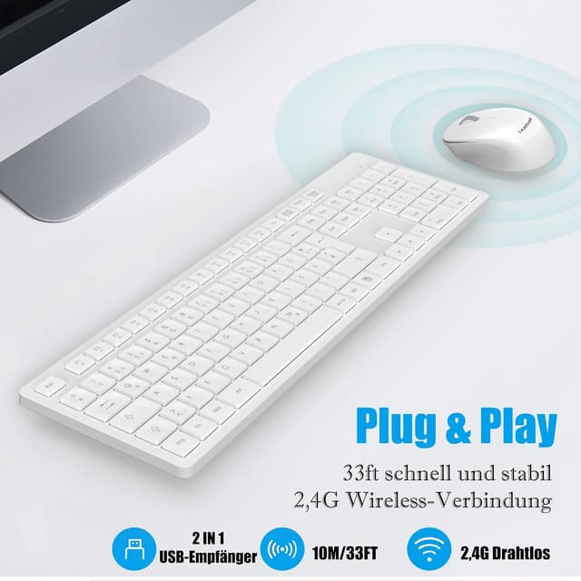 Detalle 2 de LeadsaiL K786 kabelloses Tastatur & Maus Set (QWERTZ, DE-Layout) mit 2-in-1 USB-Nano Empfänger – Weiß