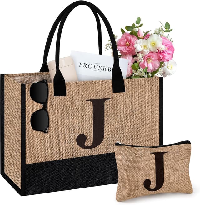 Detalle de Initial Jute Tote Bag & Makeup Bag Set – personalised birthday gift for her (tote + matching pouch)