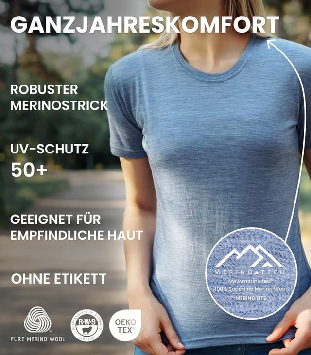 Detalle de Merino.tech 100% Merino Shirt Damen – Kurzarm Unterhemd fürs Wandern