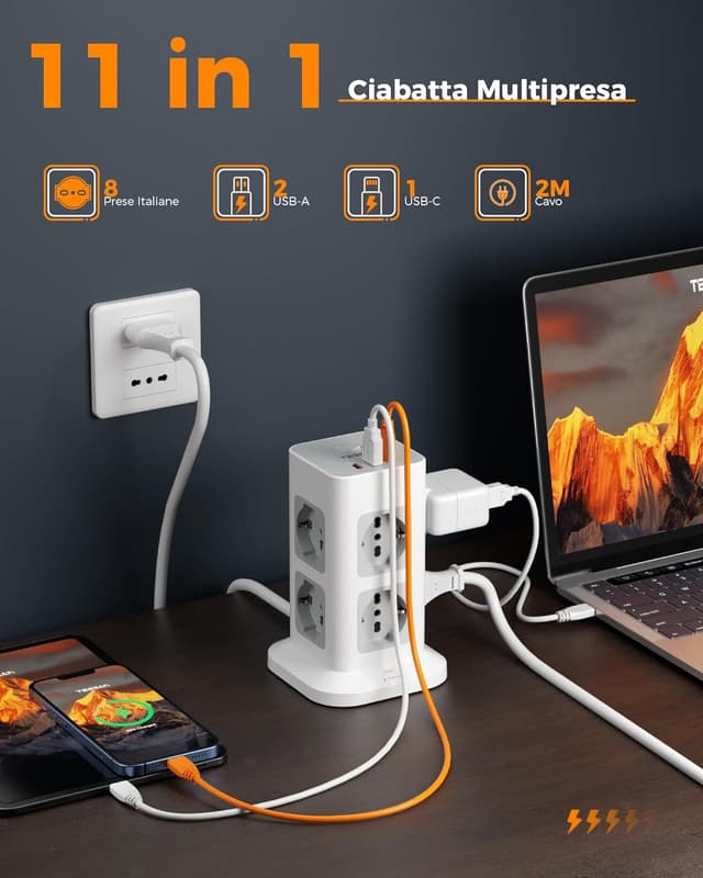 Detalle de TESSAN ciabatta multipresa verticale con 8 prese IT e USB 20W (3680W) con protezione da sovratensione