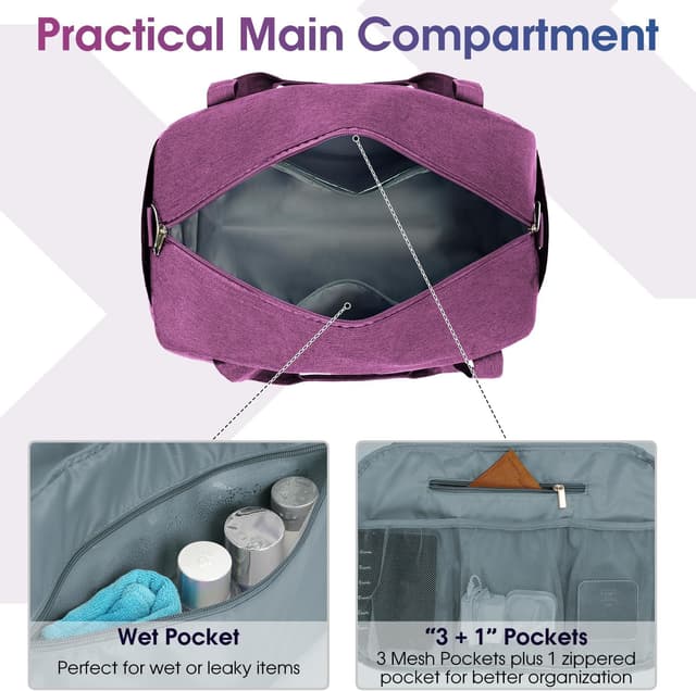 Detalle de Narwey Easyjet cabin bag 45 x 36 x 20 cm underseat travel duffel holdall tote with wet pocket (25L) – Dark Purple