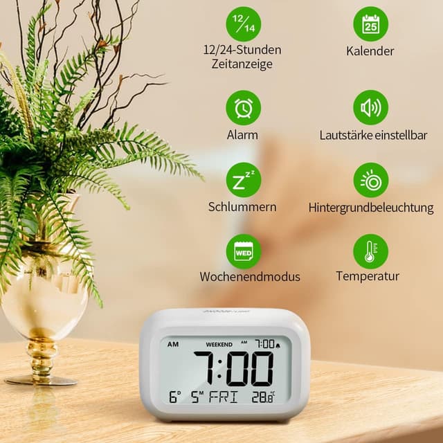 Detalle 2 de DOOMAY Digital Wecker für Nachttisch – batteriebetriebene LCD-Uhr mit einstellbarer Alarmlautstärke, Snooze & Wochenendmodus