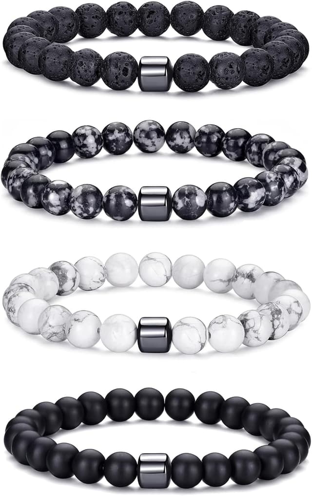 Detalle de MOROTOLE Herren-Armband-Set mit 8 mm Tigerauge & Lavastein (Stretch, Naturstein)