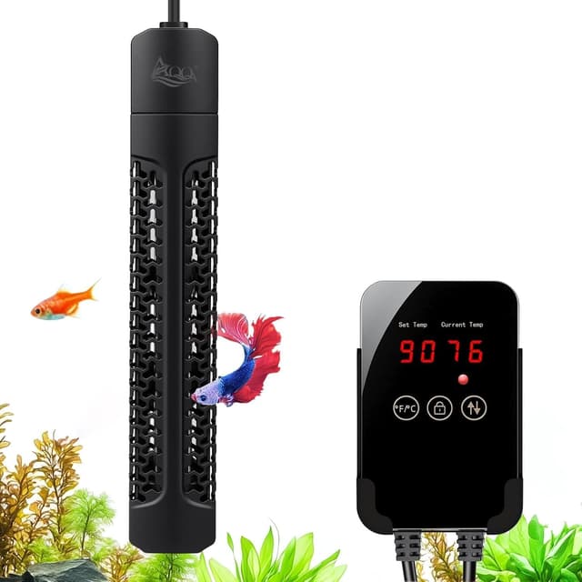 Detalle de AQQA Aquarium Heater 500W with external LED thermostat controller (quartz, submersible) for 200–500L tanks