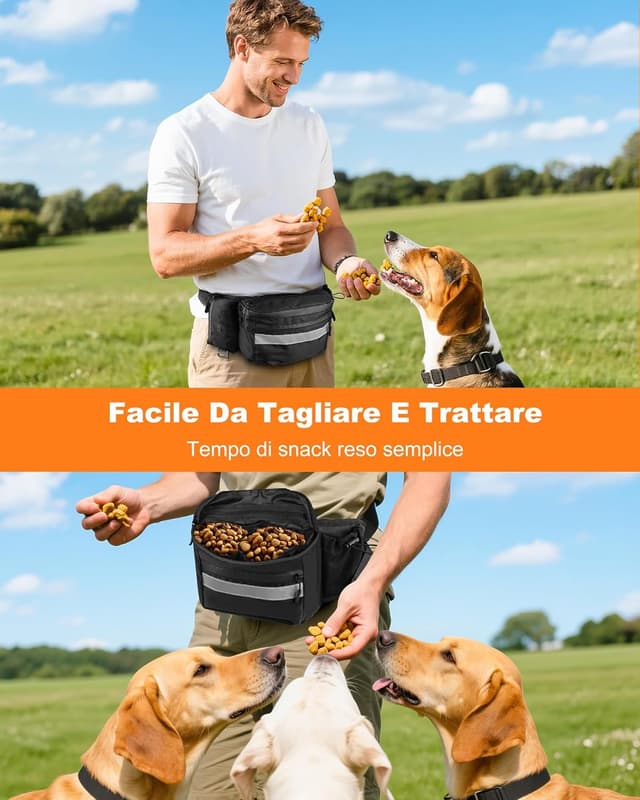 Detalle de Razobws Borsa Porta Snack per Cani con dispenser integrato e bande riflettenti, marsupio impermeabile nero