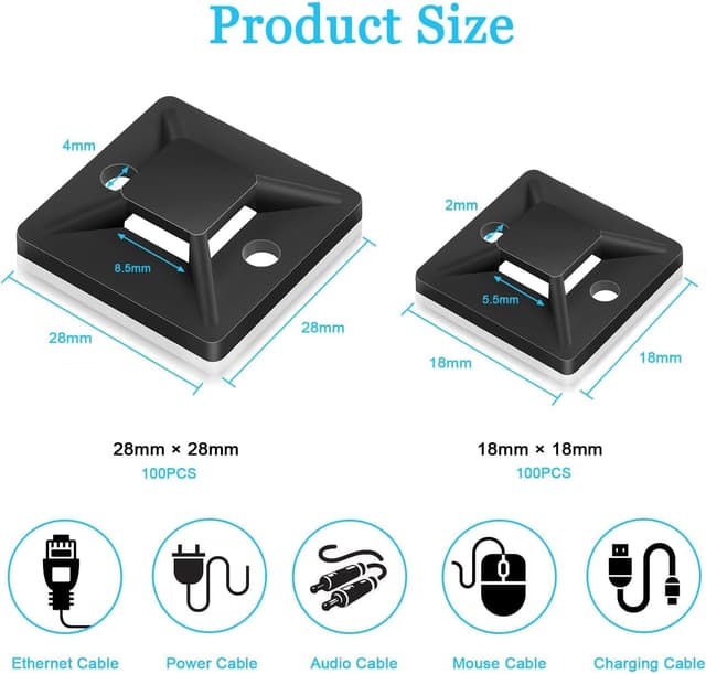 Detalle de 100x Klebesockel für Kabelbinder 18 x 18 mm – selbstklebende Kabelbinderhalter mit Schraubenloch, schwarz