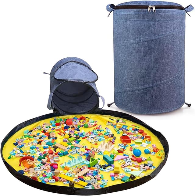 Detalle de Modojuny Kids’ Toy Storage Organizers with Play Mat (Large, Blue) — canvas bin with zipper