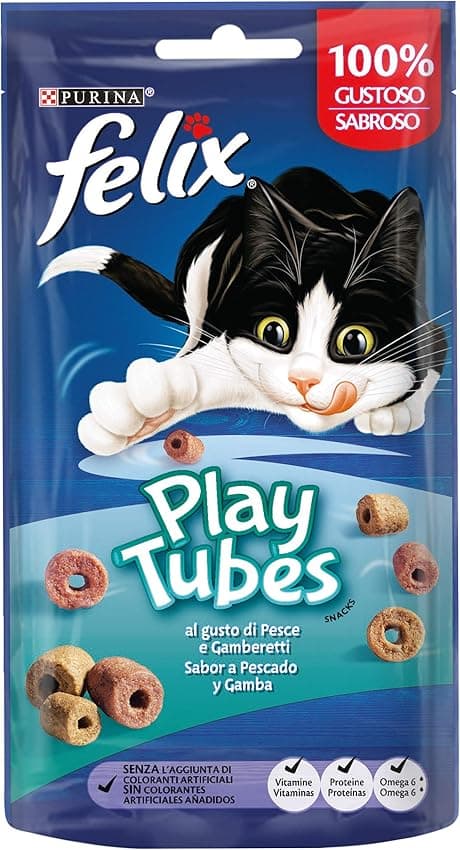 Imagen de Purina Felix Play Tubes Snack para gato con pescado y gambas 8×50 g 🐱 en OfertitasTOP