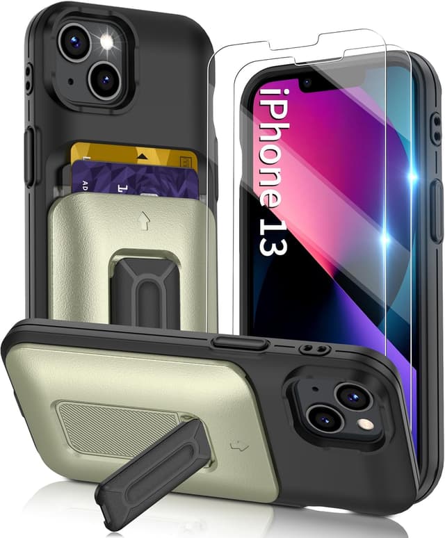 Detalle de Gritup iPhone 13 Gold phone case with sliding card slot, kickstand and 2 HD screen protectors