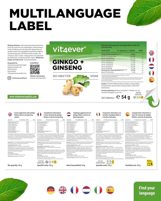 Detalle 2 de vit4ever Ginkgo + Ginseng - 365 Tabletten - Spezial Extrakt - Hochdosiert - Laborgeprüft - Ginkgo Biloba + Koreanischer Ginseng - Premium Qualität - Vegan
vit4ever Ginkgo + Ginseng - 365 Tabletten - Spezial Ex…