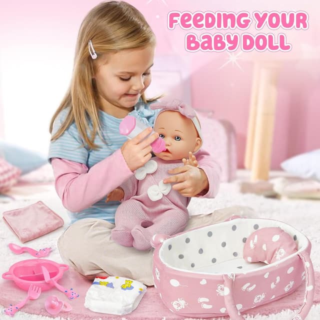 Thumbnail 6 de Vamei Accessoire Poupon pour poupon bébé – lit portable, vêtements, couches, biberon et vaisselle (30 cm)