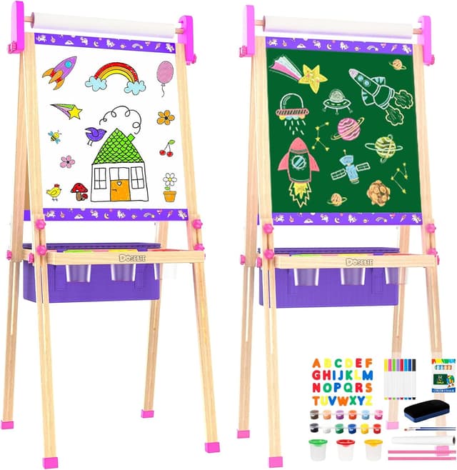 Detalle de Kids Art Easel for Ages 4–8 with Paper Roll, Markers, Paint, Chalk & Magnetic Accessories